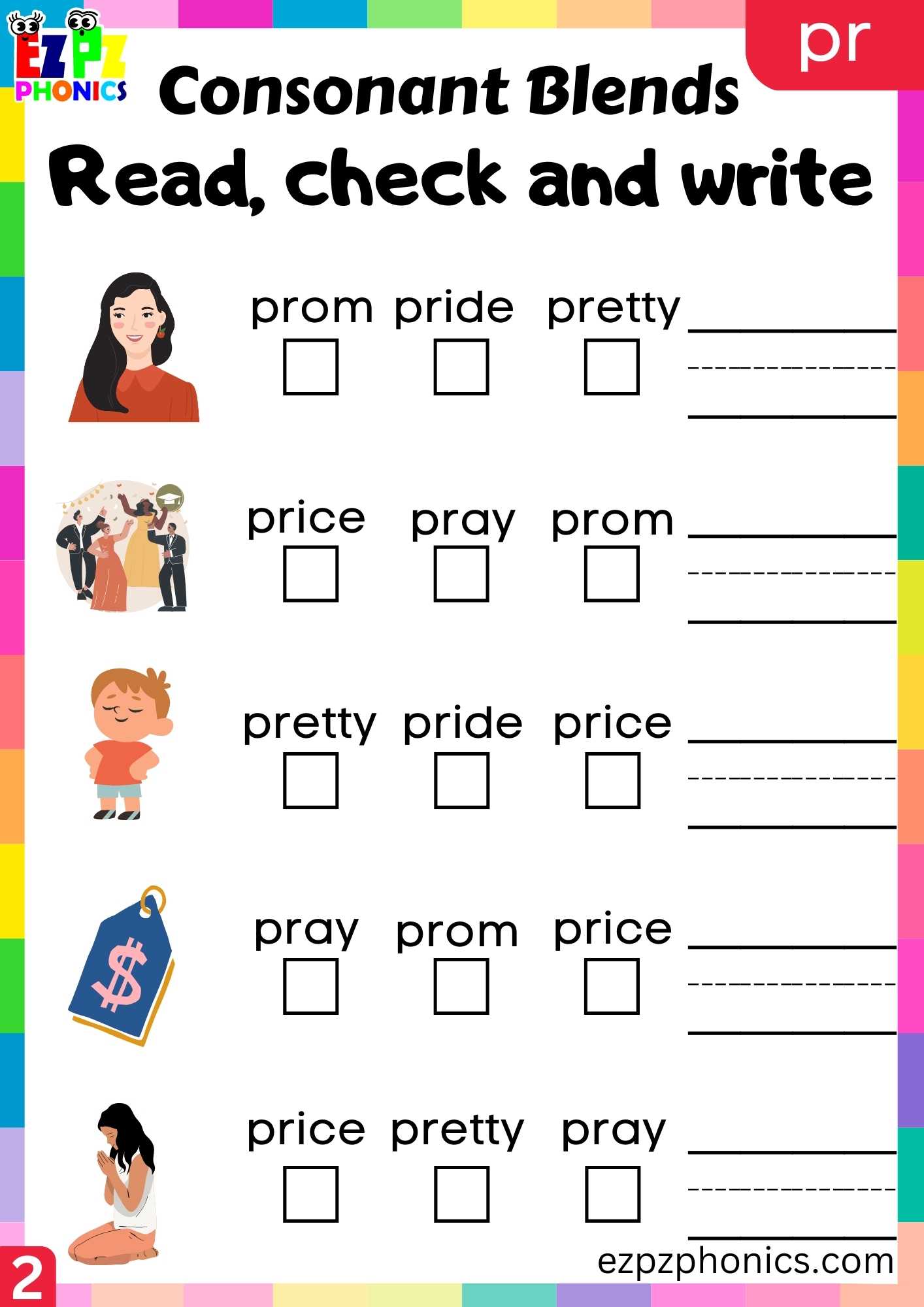 Group2 PR Words Read, Check And Write Phonics Consonant Blends Worksheet